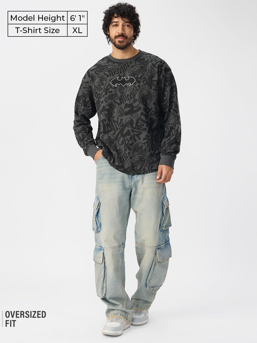 The Souled Store Batman: Vengeance Men and Boys Round Neck Grey All Over Printed Cotton Oversized Full Sleeve T-Shirts
