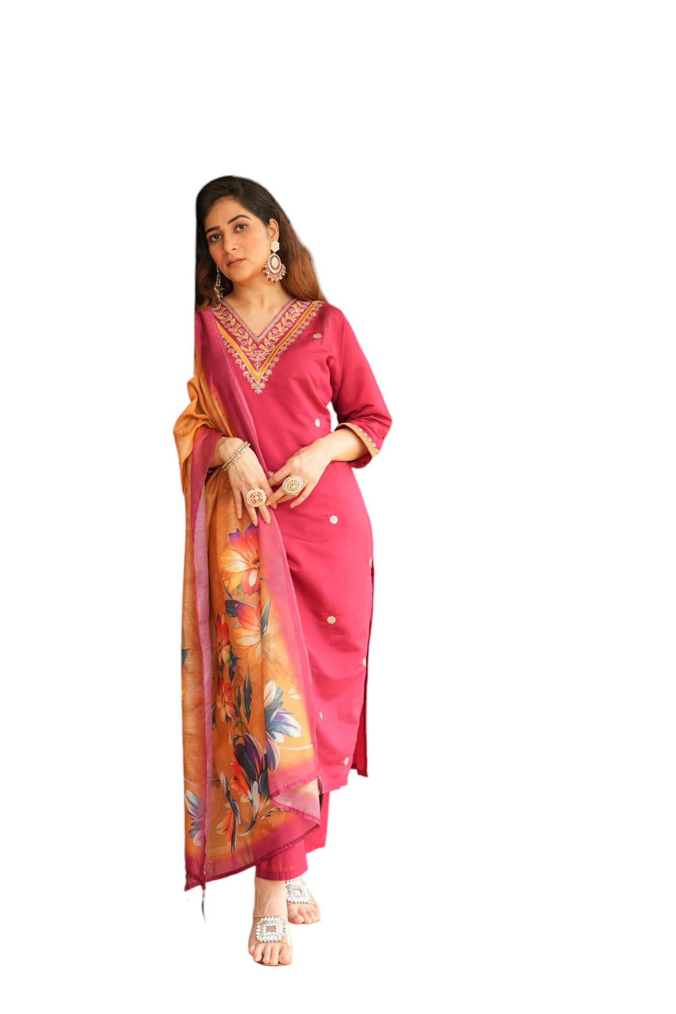Rieka Women Embroidered Kurta Set With Floral Printed Dupatta & Straight Pant | Ethnic Wear Set For Women | Silk Blend Kurta Set