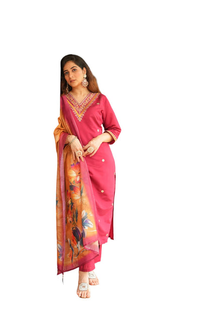Rieka Women Embroidered Kurta Set With Floral Printed Dupatta & Straight Pant | Ethnic Wear Set For Women | Silk Blend Kurta Set