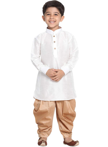 Vastramay Boys White Rose Gold Silk Blend Kurta Dhoti Set For Independence Day - Traditional Ethnic Wear