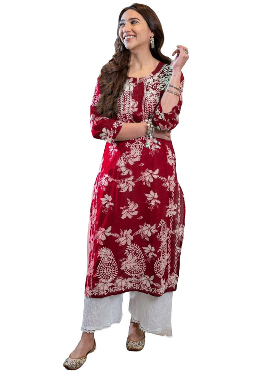 Gosriki WomenS Rayon Blend Chikankari Embroidered Floral Straight Kurta Set (Sceros Pink-Gs_S_Pink_Small)