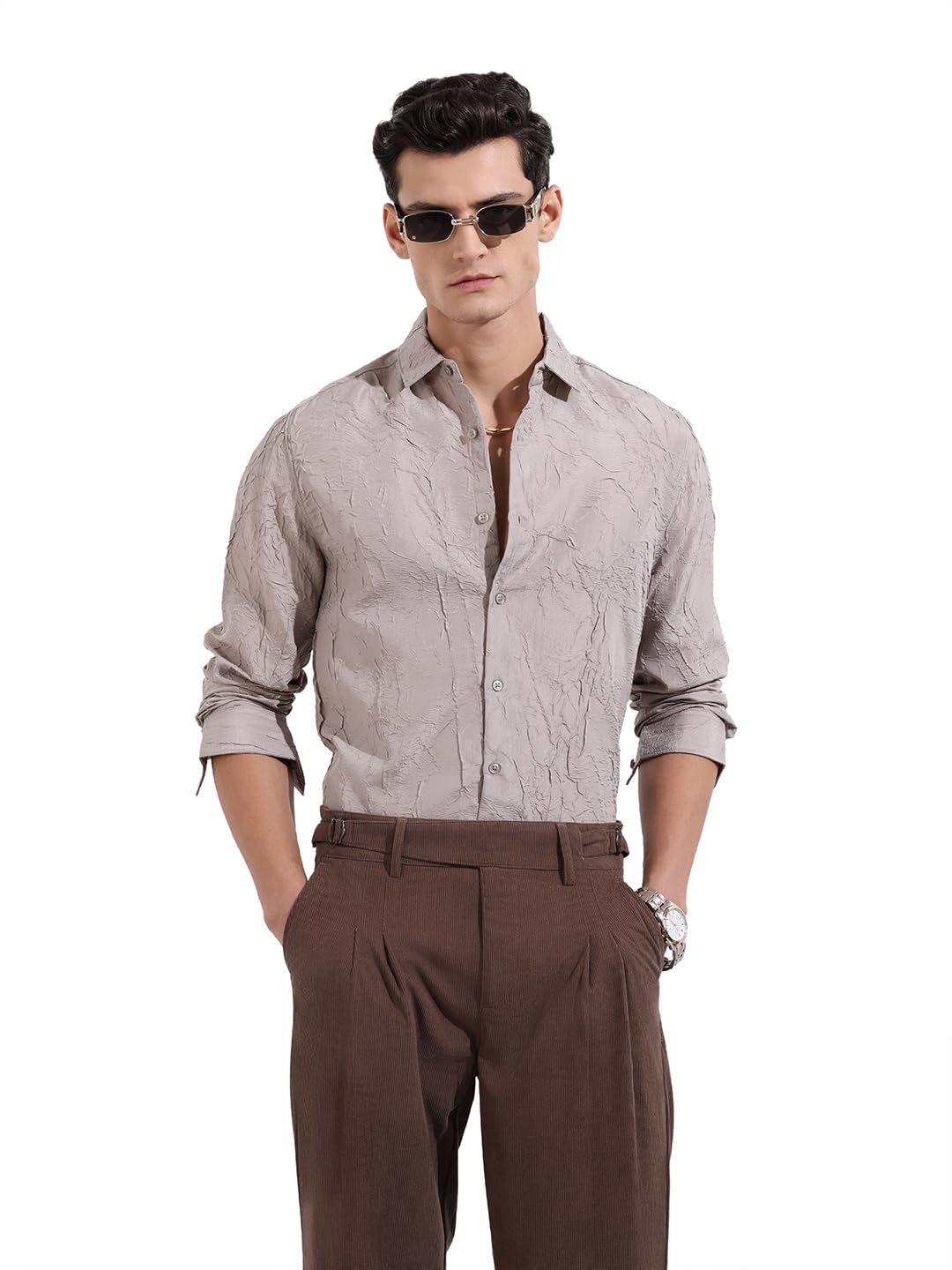 The Indian Garage Co Mens Slim Fit Textured Cutaway Collar Full Sleeves Party Shirt