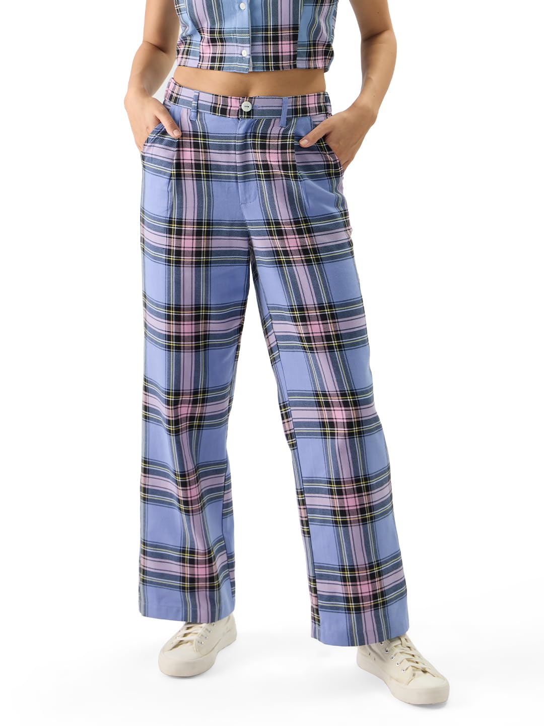 The Souled Store Lilac Blossom Women and Girls Straight Fit High Rise Cotton Checkered Pants