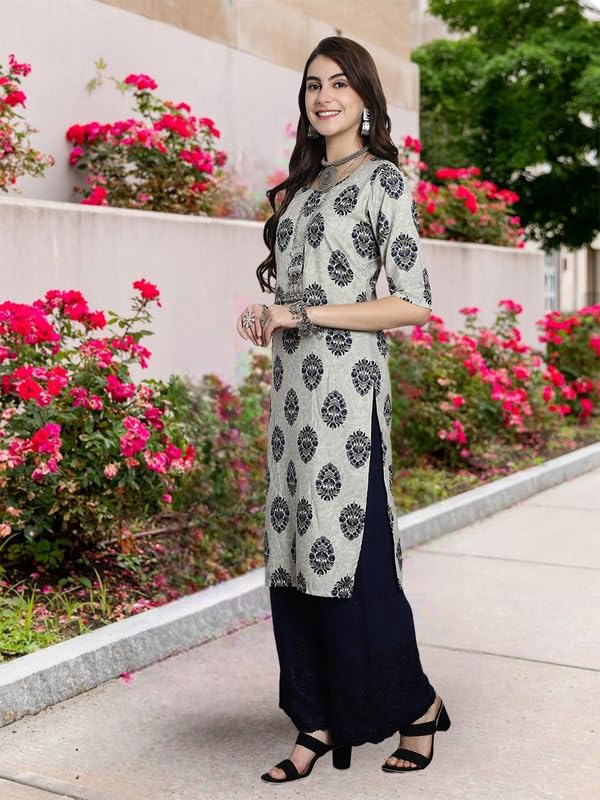 Pinkmint Crepe Printed Straight A-Line Round Neck Stylish Kurti for Women (Pack 1)