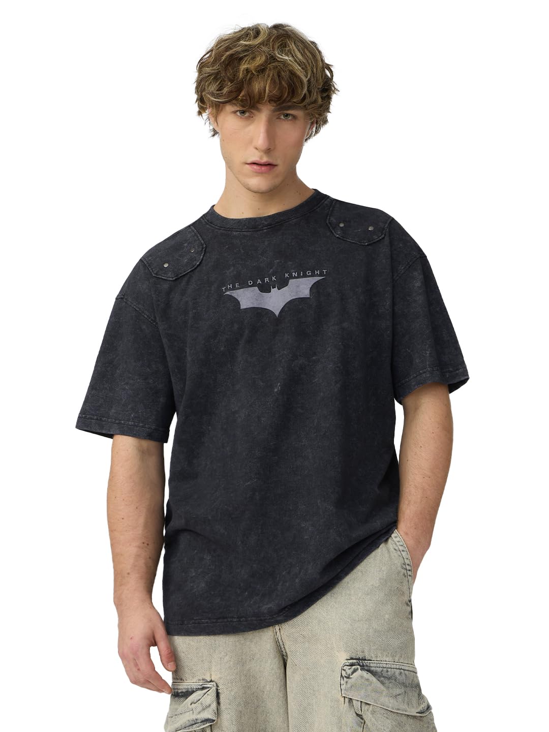 The Souled Store Batman: Dark Knight Logo Men and Boys Short Sleeves Round Neck Black Graphic Printed Cotton Oversized T-Shirts