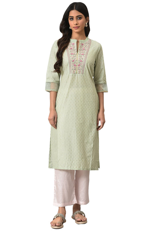 W for Woman Light Green Embroidered Kurta in Round Neck