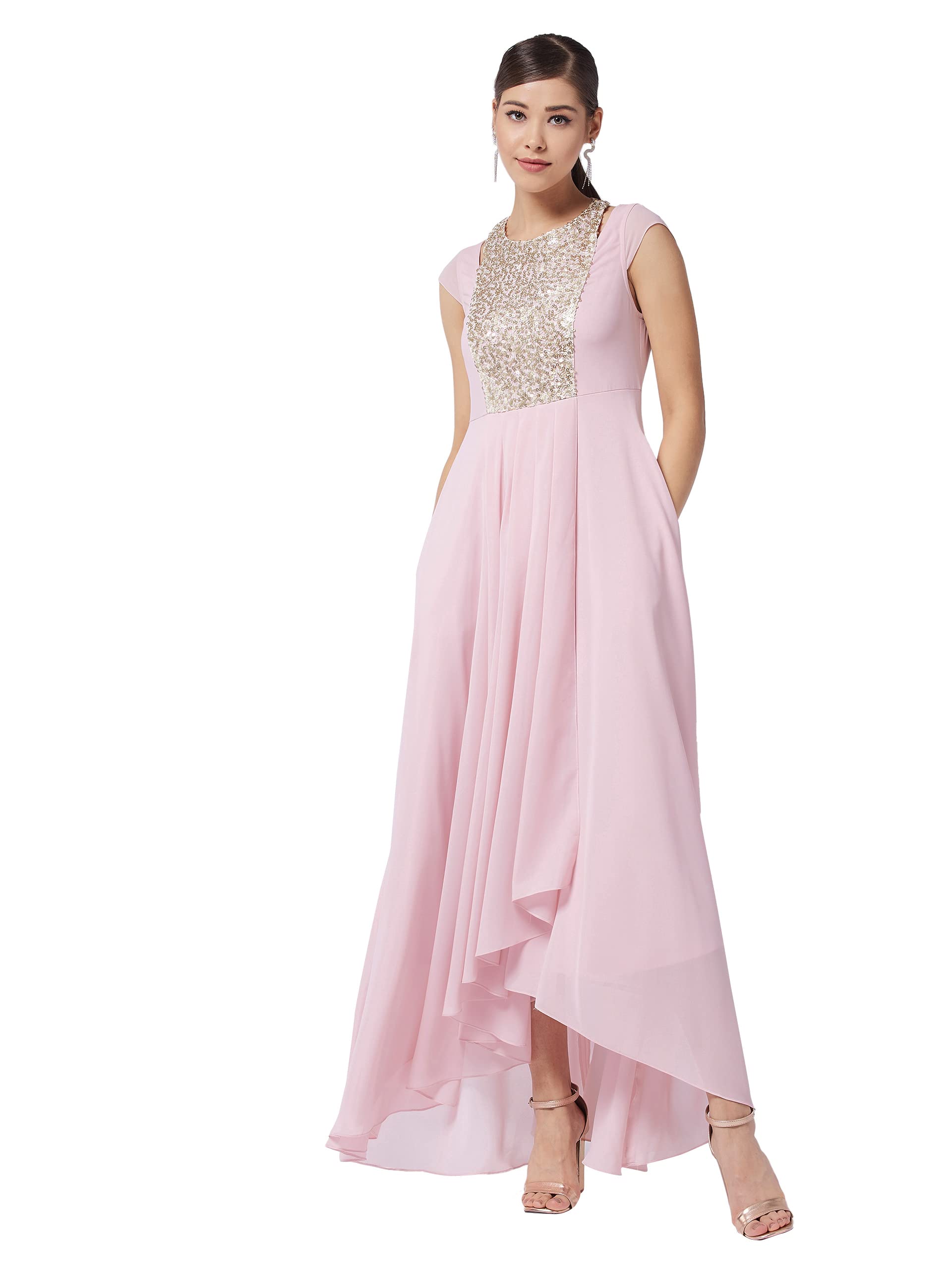 Miss Chase WomenS Dusty Pink Round Neck Cap Sleeve Solid Embellished Maxi Dress(Mcaw21D06-12-234-06,Dusty Pink,Xl)
