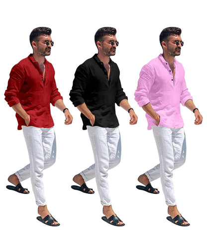Zartha Combo Of Men Solid Cotton Blend Straight Kurta Shirt Pack Of 3
