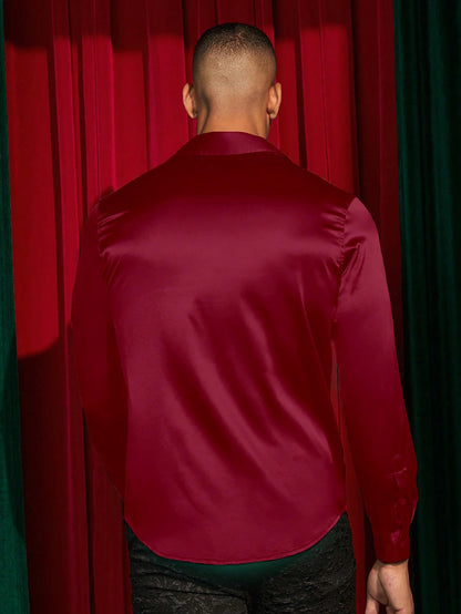 AVANOVA Mens Stylish Maroon Solid Satin Silk Casual Button Down Shirts Long Sleeve Shirt for Men Full Sleeves (Shirt 193 Maroon