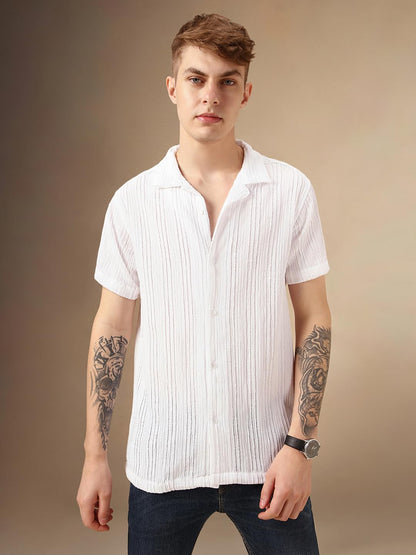 Dennis Lingo Men White Poly Seersucker Half Sleeve Shirt Collar Stripes Shirts