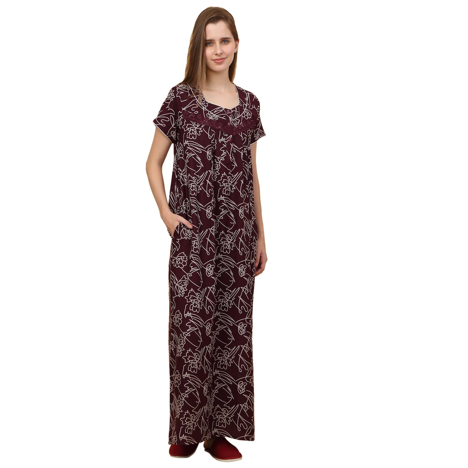 Sweet Dreams Women Printed Full Length Night Dress Maroon