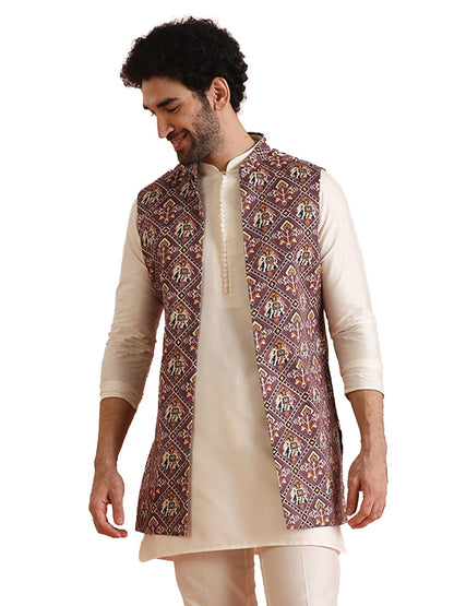 Kisah Mens Kurta Jacket Trouser Set|Cotton Blend Fabric Printed Pattern Mens Ethnic Wear|Regular Fit Mandarin Collar Long Sleeve