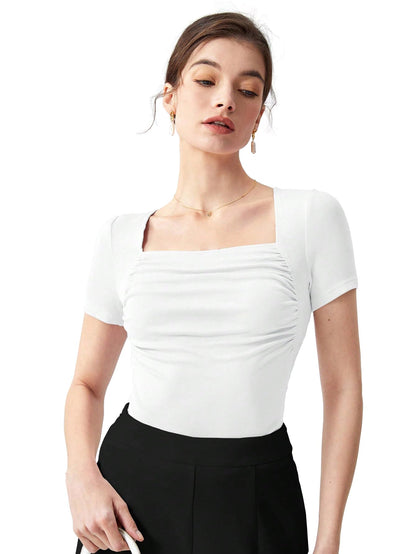 Shasmi Womens & Girls White Womens Summer Square Neck Solid Color Ruched Tee Workwear Pleated Casual t-Shirt for Women (Top 1
