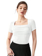 Shasmi Womens & Girls White Womens Summer Square Neck Solid Color Ruched Tee Workwear Pleated Casual t-Shirt for Women (Top 1