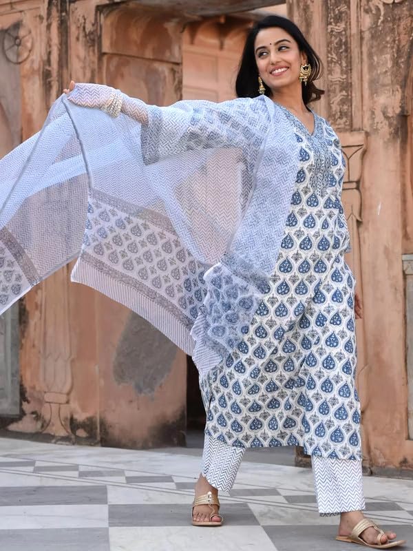 Pinkmint Women Hand Block Printed Kurta and Palazzo Set with Dupatta