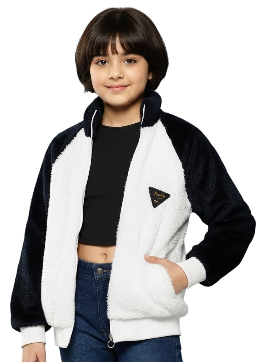 Aarika Girls White-Navy Blue Colour Solid Fur Jacket-(12-15 Years)-(NEW_JK-W-AD-03-WHITE-NAVY-BLUE-38)