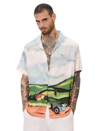 The Souled Store Official Peanuts Originals: Snoopys Drive in Mens and Boys Short Sleeves Collared Neck Button Front Multicolor