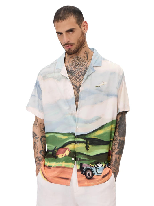 The Souled Store Official Peanuts Originals: Snoopys Drive in Mens and Boys Short Sleeves Collared Neck Button Front Multicolor