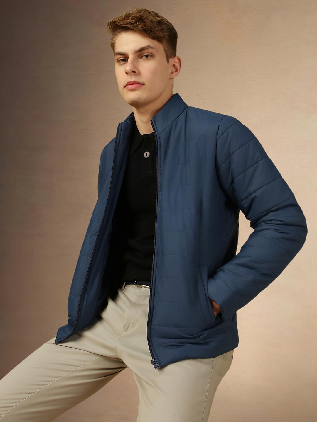 Dennis Lingo Men Blue Solid Regular Fit Full Sleeve Mock Collar Padded Jacket