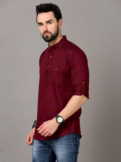 Deemoon MenS Cotton Blend Full Sleeve Short Kurta With Mandarin Collar Crafted From A Premium Cotton Blend Maroon
