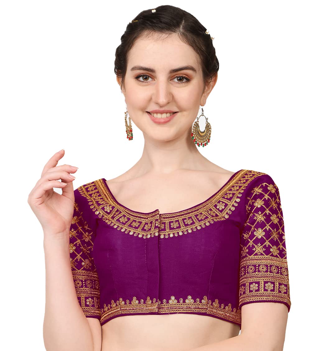 Pujia Mills WomenS Silk Embroidery Sequin Stone Work Readymade Saree Blouse