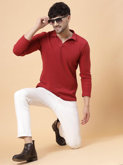 Rigo Printed Casual T-Shirts for Men | Waffle Knit Solid T-Shirt for Men | Full Sleeves T-Shirts for Man Maroon