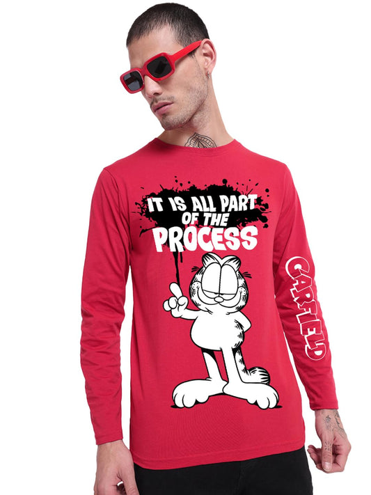 Bewakoof Official Garfield Merchandise Mens Graphic Print Regular Fit Full Sleeve Round Neck Cotton Jersey T-Shirt_657179_Red_L