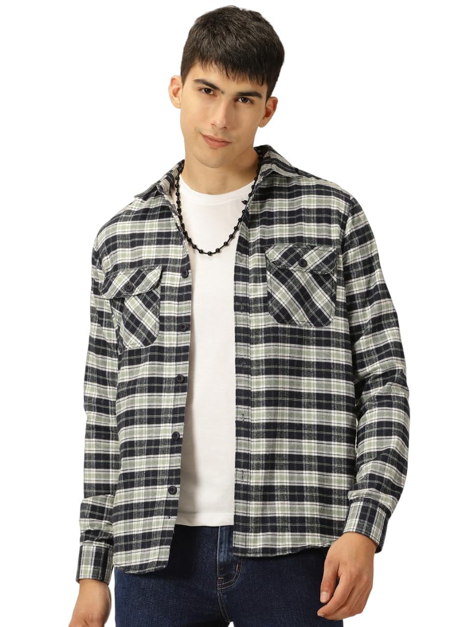 Thomas Scott Mens Smart Slim Fit Full Sleeves Flannel Checks Casual Shirt Green