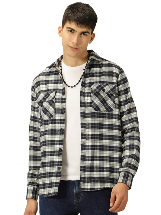 Thomas Scott Mens Smart Slim Fit Full Sleeves Flannel Checks Casual Shirt Green