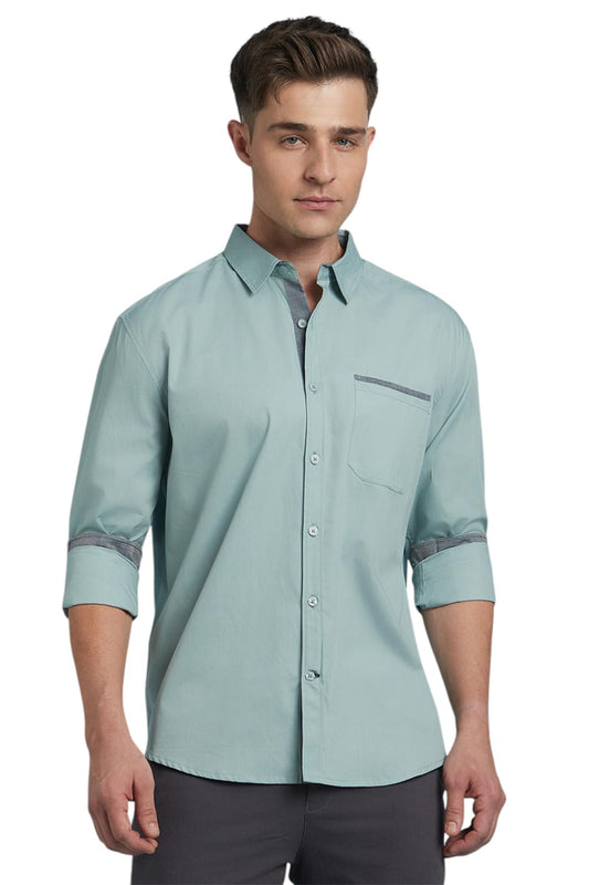 Dennis Lingo Men Cotton Regular Fit Solid Shirts Green