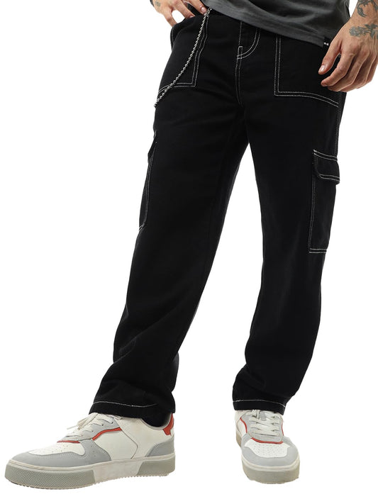 Bewakoof Mens Baggy Regular Fit High Rise Cargo Jeans_624262_Black_32