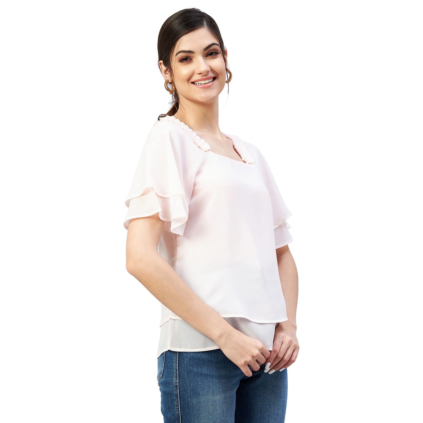 Rare Women Casual Light Pink Colour Square Neck Solid Regular Top
