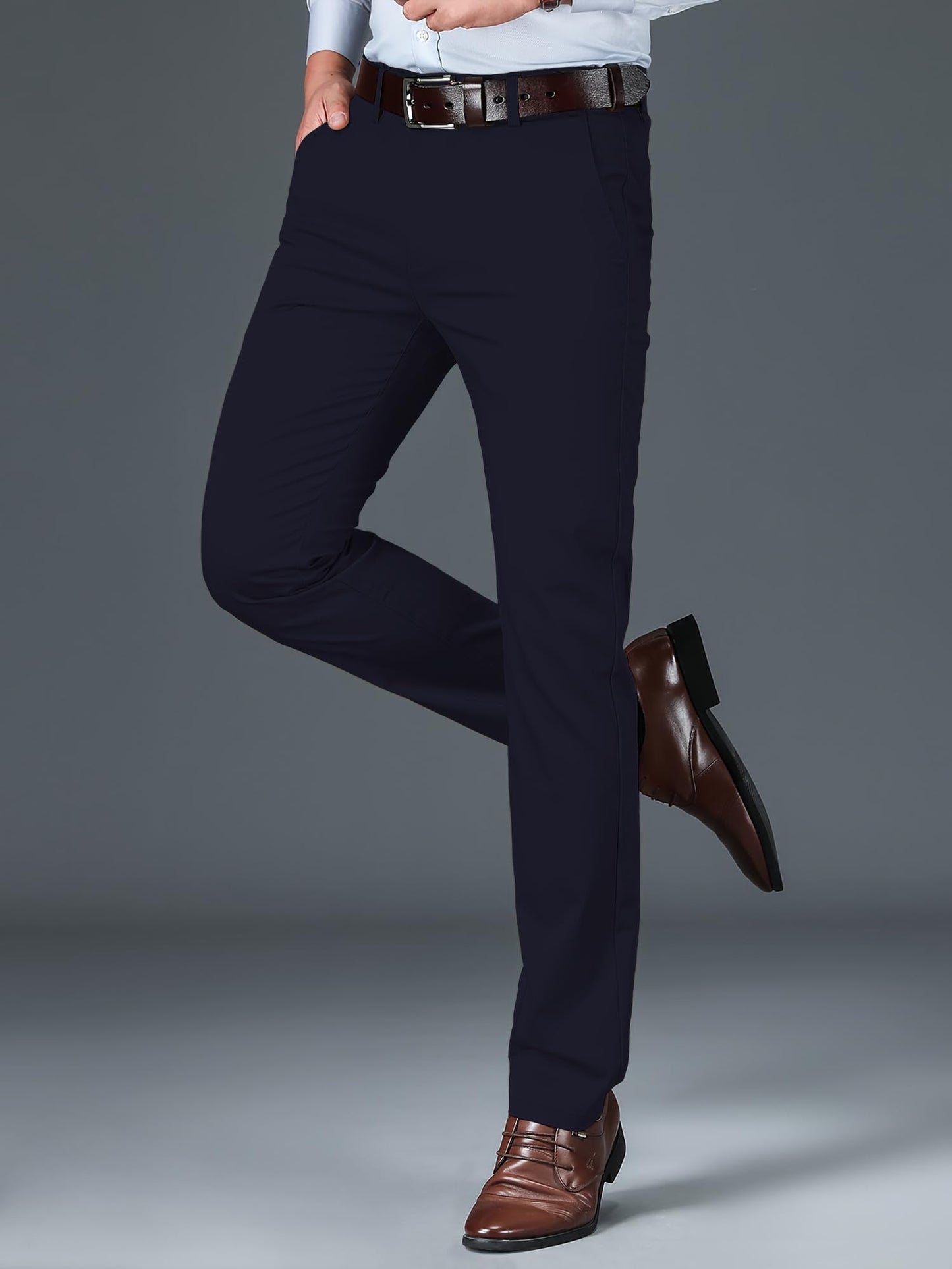 AVANOVA Mens Navy Blue Solid Trousers Light Business Style Slightly Stretch Straight Leg Pants for Outdoor Casual Daily (Trouse