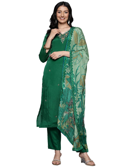 Varanga Women Green V-Neck Dabka and Cutdana Work Straight Kurta Paired with Bottom and Embroidered Dupatta