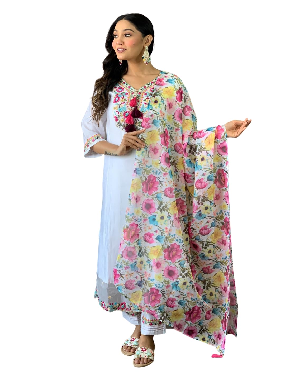 Naixa WomenS Off White Chanderi With Cotton Lining Embroidered Straight Kurta With Chanderi Silk Pant And Crep Silk Printed Dup