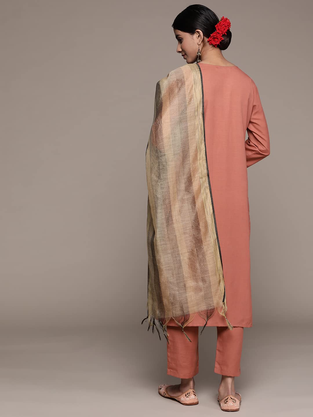 anubhutee Women's Viscose Rayon Rust Ethnic Motifs Self Design Straight Kurta Suit Set With Pants And Dupatta