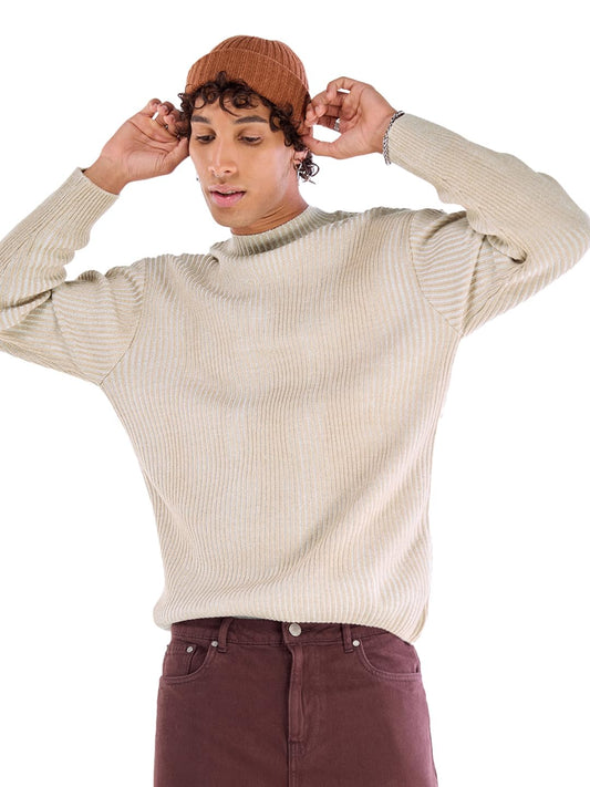 Bewakoof MenS Textured Oversized Fit Full Sleeve High Neck 100% Acrylic Sweater_644658_Beige_Xl