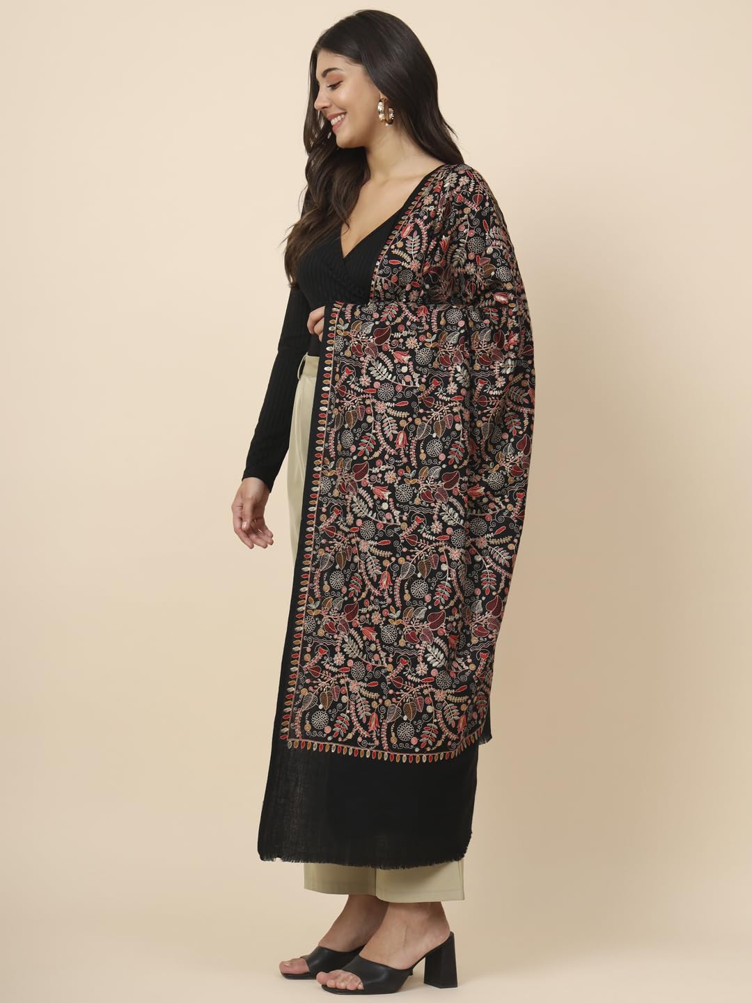 Pashmoda Women Gilkaari Pure Wool Embroidered Shawl (Size 101X203 CM)