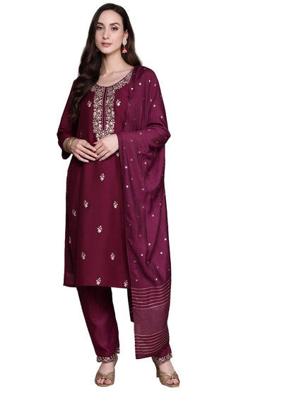 ishin Women's Silk Blend Teal Embroidered Straight Kurta suit set with Trousers & Dupatta