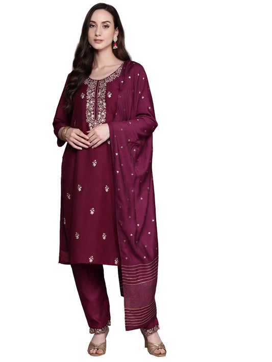 ishin Women's Silk Blend Teal Embroidered Straight Kurta suit set with Trousers & Dupatta