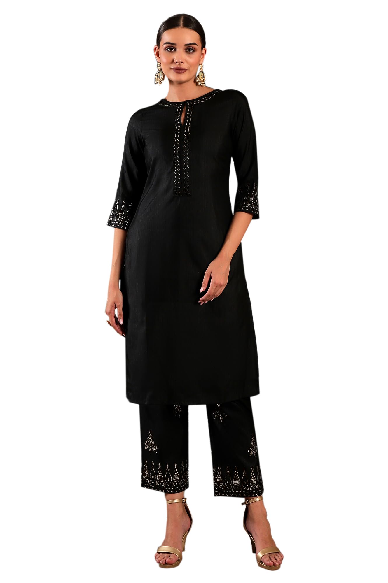 W Black Embellished Synthetic Kurta And Pant Set For Women