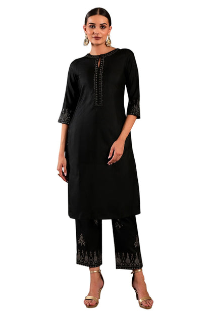 W Black Embellished Synthetic Kurta And Pant Set For Women