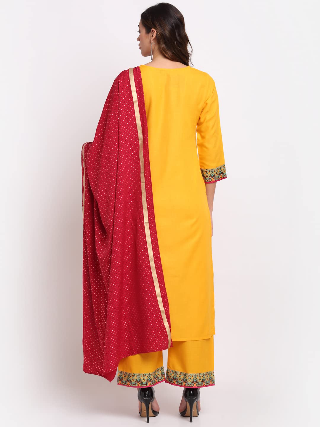 ANNI DESIGNER Women's Cotton Straight Kurta with Palazzo & Dupatta (KPZD-COT-10038-YELLOW)