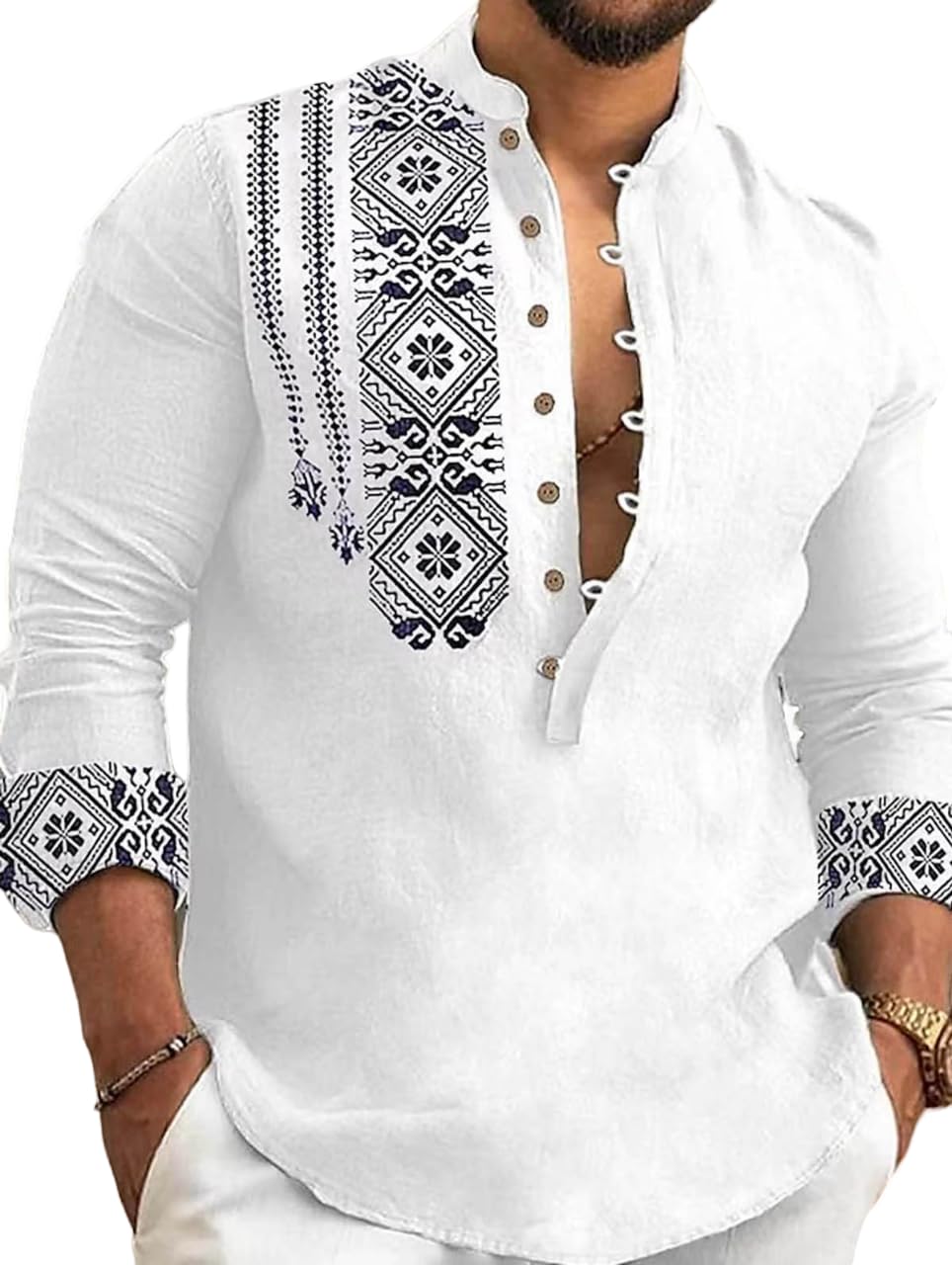 Deemoon MenS Cotton Blend Mandarin Collar Self One Design Full Sleeve Casual Short Kurta White