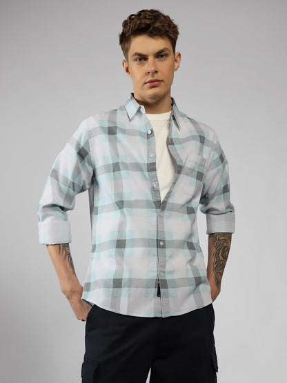 Dennis Lingo MenS| Blue| Full Sleeve| Spread Collar| Checkered| Regular Fit| Casual Shirt