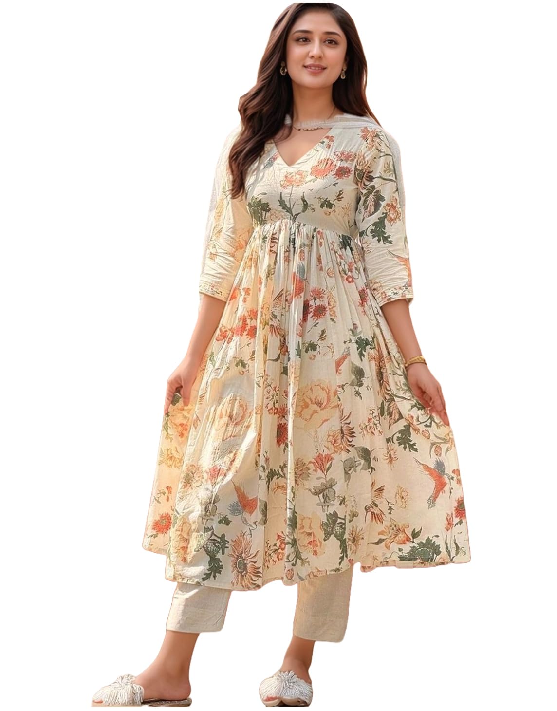 ANNI DESIGNER Anarkali Women s Printed Viscose Kurta with Trousers and Dupatta, cream, Small