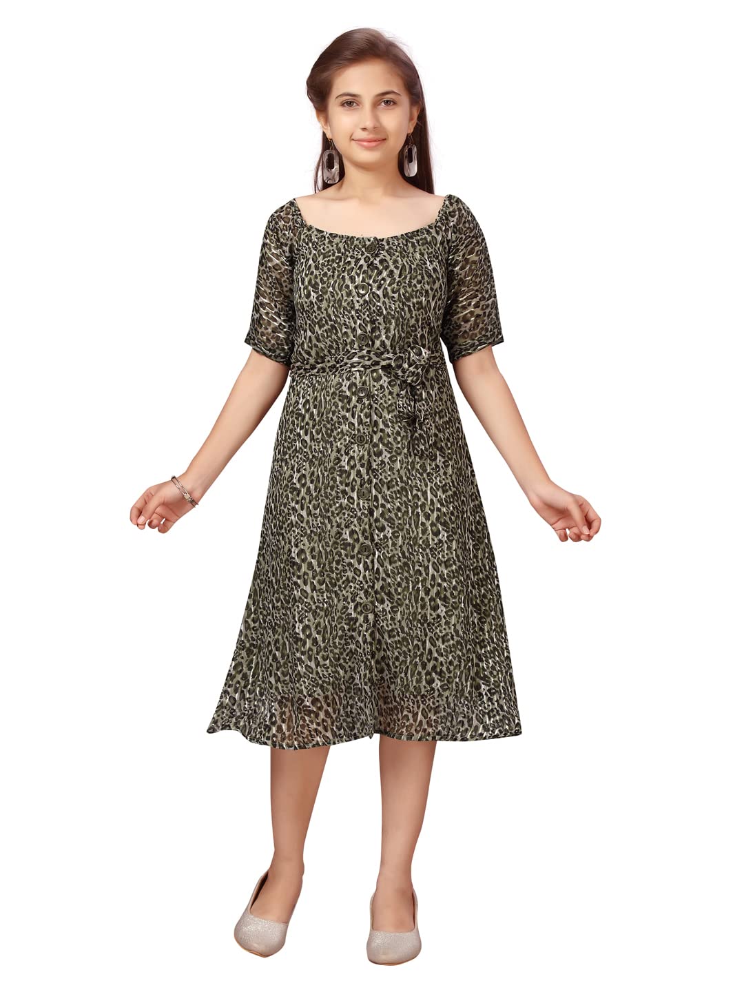 Aarika Girl's Cotton Fit and Flare Below The Knee Dress (MD-A-22525_Green_32)