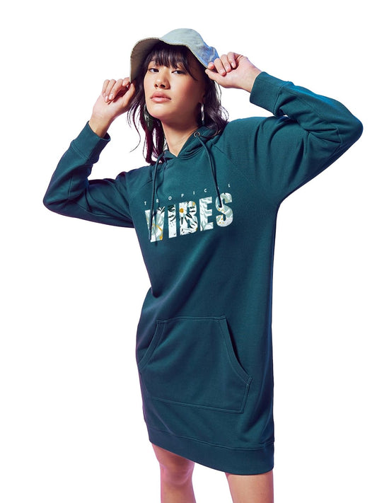 Bewakoof WomenS Graphic Print Regular Fit Full Sleeve Hooded Cotton Blend Hoodie Dress_628862_Green_M