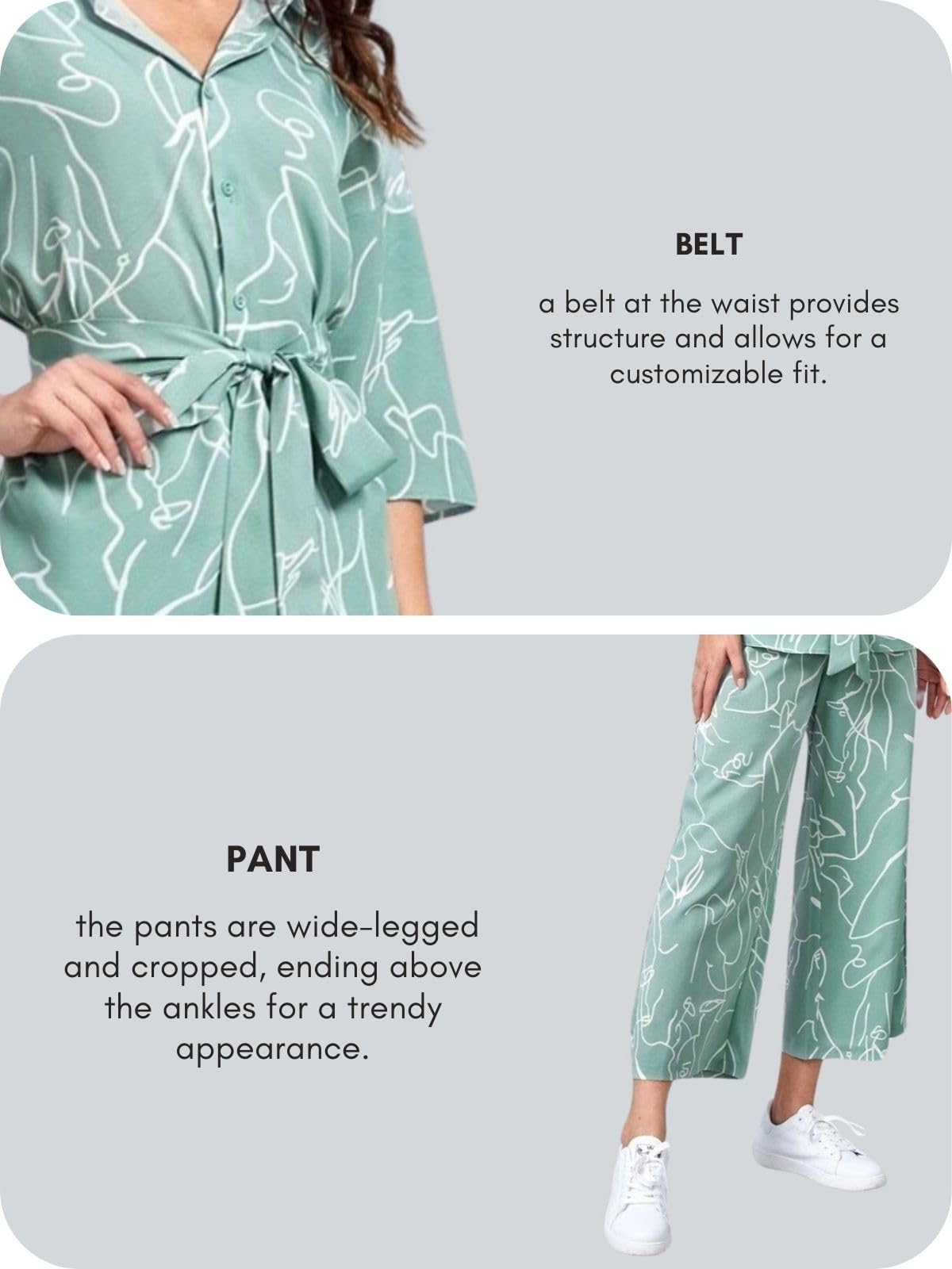 GRECIILOOKS Women Co Ord Set| Collared Self Belted Allover Print| Half Sleeve Shirt| Straight Shirt with Belt| Women Two-Piece O