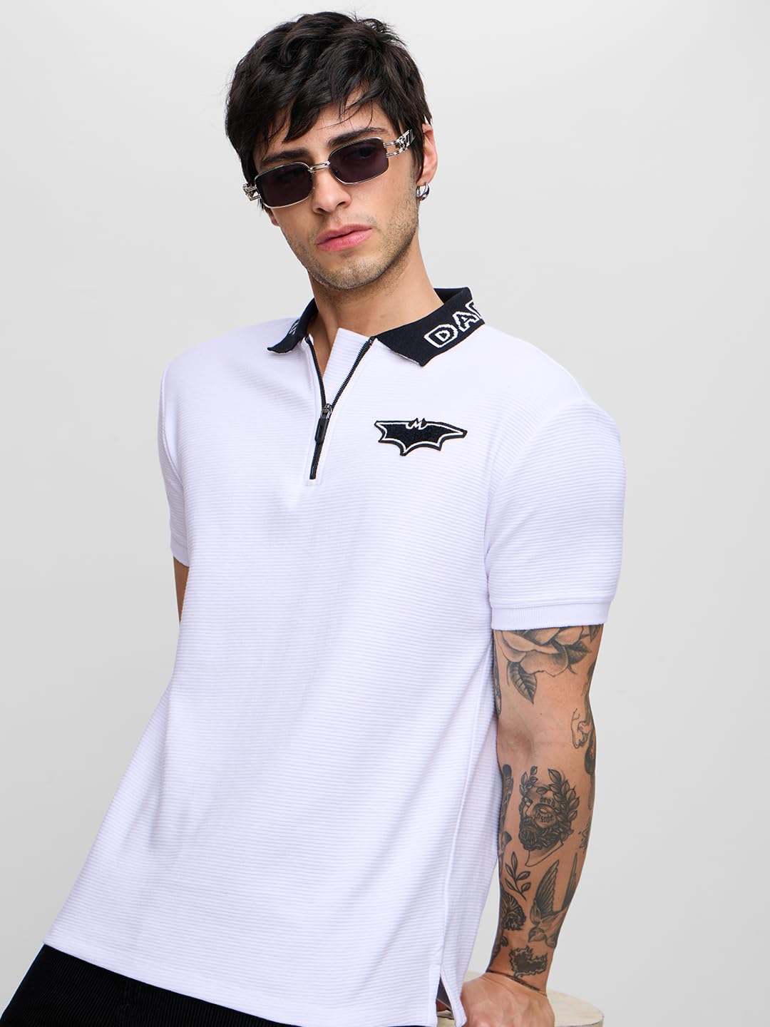 The Souled Store Batman: Dark Knight Men and Boys Short Sleeves Collared Neck White Embroidered Cotton Blend Regular Fit Zipper